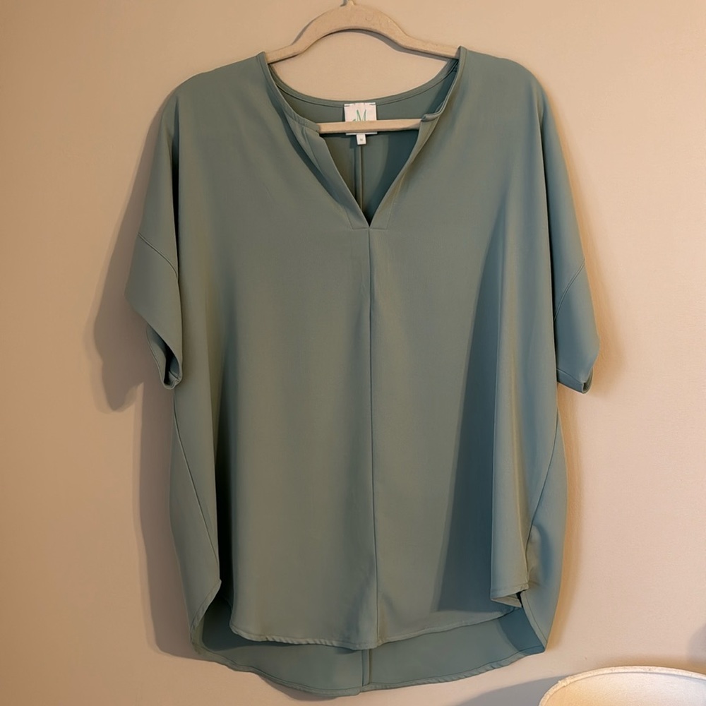 V-Neck Short Sleeve Blouse - Sage Green